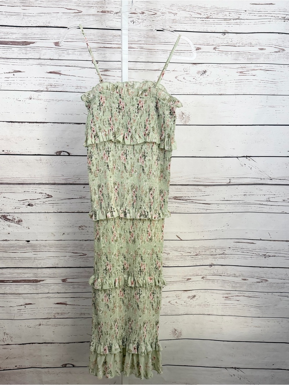 MABLE Light Green Pink Floral Print Smocked Midi Stretchy Tube Dress Size Small - Picture 10 of 11